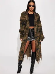 Autumn Winter Camouflage Print Trench Coat for Women Jacket Ripped Hole Single-breasted Military Long Coats Outerwears with Belt