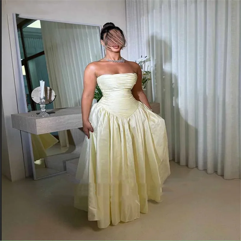 Einfache A-Linie-Abendkleider, hellgelb, trägerlos, ärmellos, Falten, Partykleider, knöchellange Ballkleider, individuell gestaltet