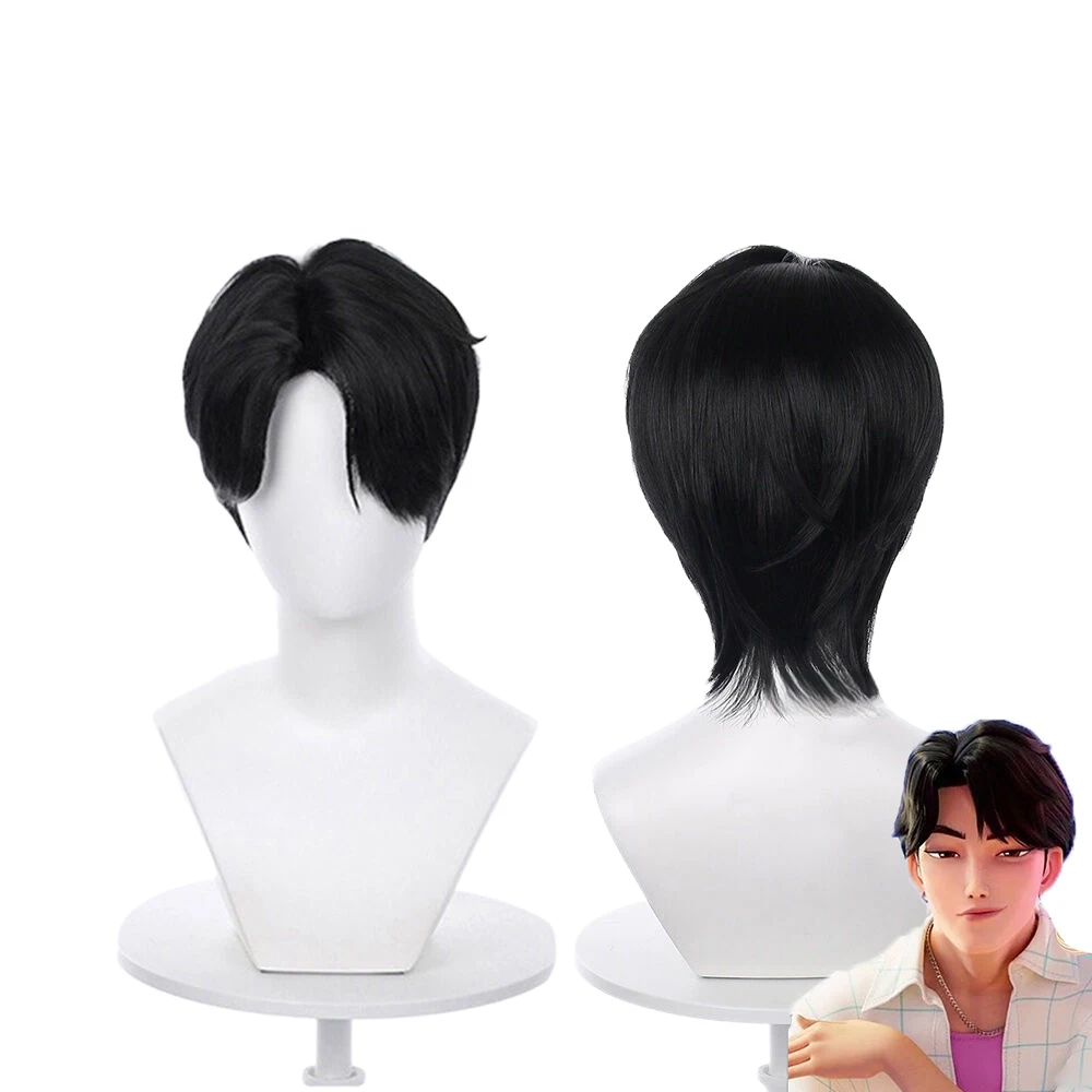 Saja Boys Jinu Cosplay Synthetische Pruik 25 cm Korte Zwarte Mannen Hittebestendige Anime Pruiken