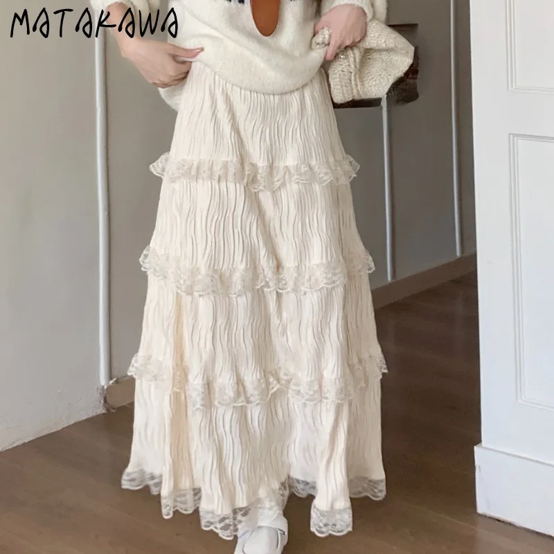 Matakawa Lace Ruffles Women Skirts Solid Velvet Autumn Winter Sweet Faldas Mujer A-line Korean Fashion Vintage Long Skirt