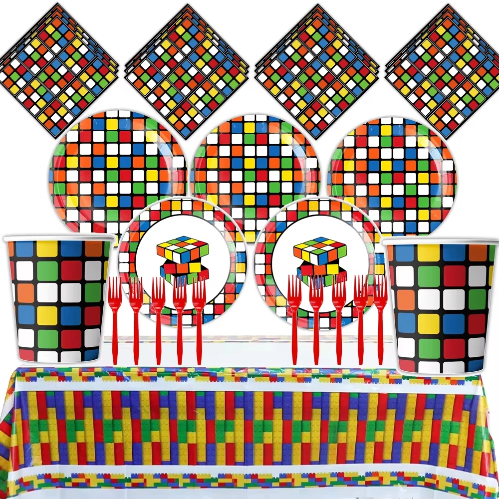 Magic Cube Children's Toys Theme Party Supplies Disposable Tableware Cup Plate Napkin Backdrop For Birthday Party Decorations