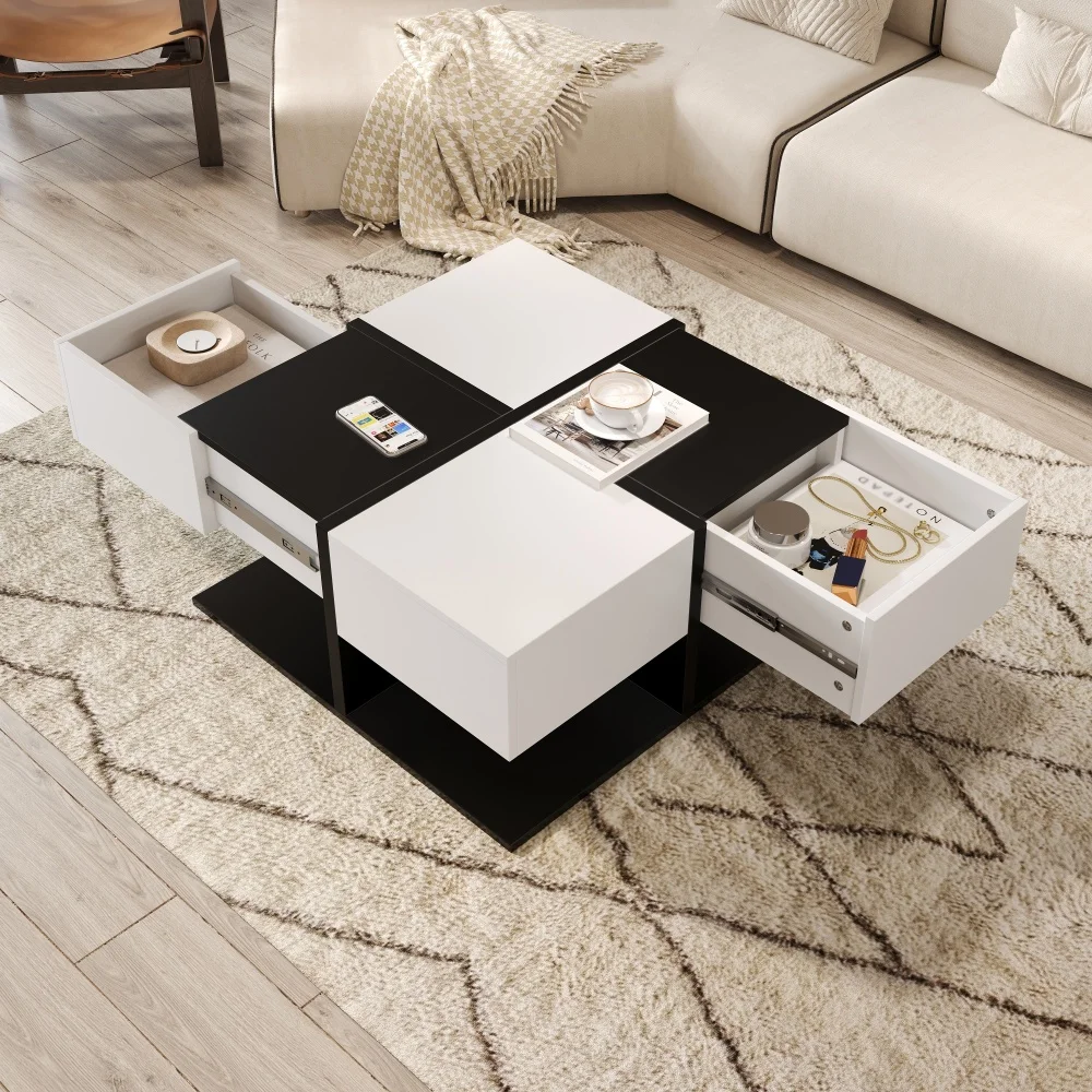 Moderner quadratischer Couchtisch in Schwarz und Weiß mit Stauraum und Schubladenschienen, 70 x 70 x 35,5 cm – Detail 7