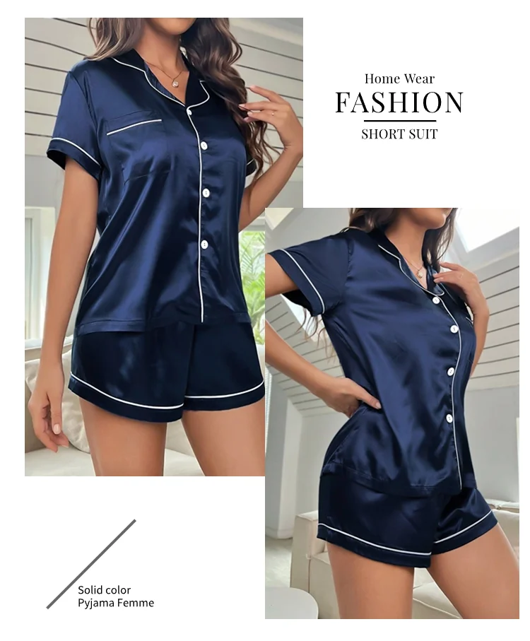Luxuriöser Satin-Pyjama für Damen, Umlegekragen, Knopfleiste und Shorts, Nachtwäsche und Loungewear für den Sommer, Heimkleidungsanzug – Detail 32