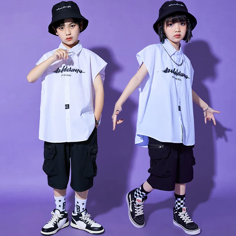 

Детская одежда в стиле хип-хоп Kpop, белая рубашка без рукавов с буквами, черные повседневные шорты-карго для девочек и мальчиков, одежда для джазовых танцев, костюмная одежда