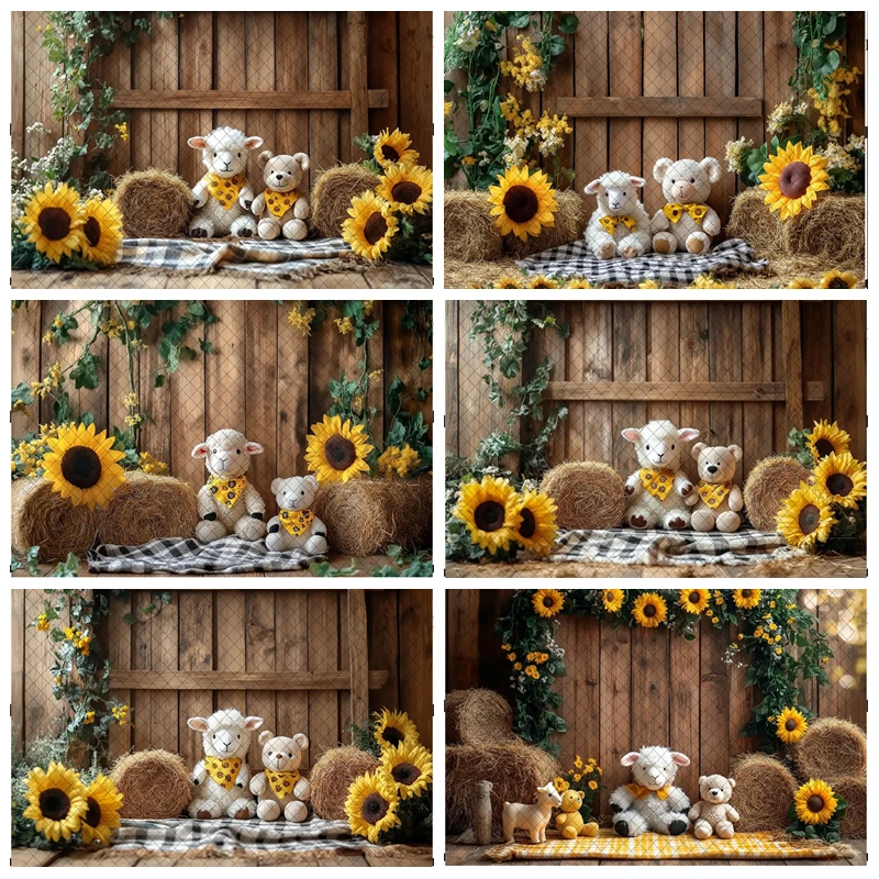 

Sunflower Wooden Board Wall Sheep Photography Background Kids Birthday Cake Smash Decor Baby Shower Portrait Studio Props Banner