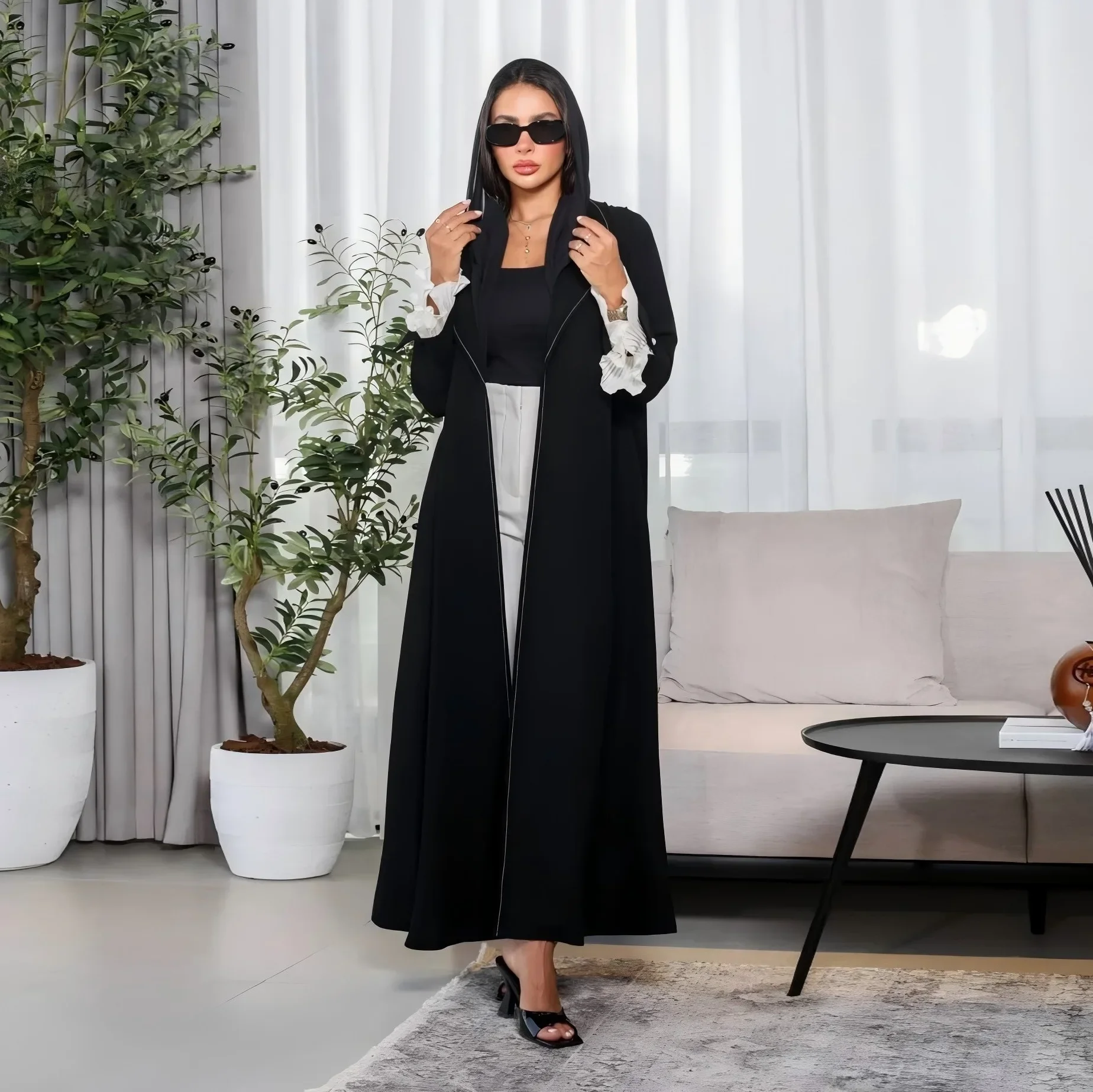 

Summer Casual Sleeves Slit Pleated Middle East Muslim Women's Fashion Craft Jacket Abaya Robe Cardigan