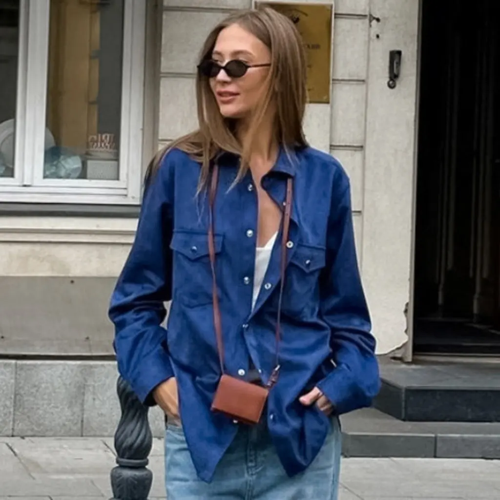 

Klein Blue Women's Casual Loose Lapel Single-Breasted Cardigan Fashion Autumn Winter Outerwear European American Style