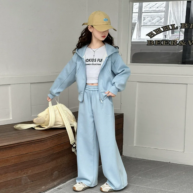 Girls Crop Hooded Zip Sweatshirt Jacket+Sweatpant School Kids 2PCS Tracksuit Children Jogger Outfit Student Workout Set
