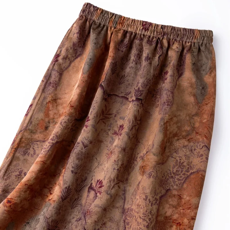 Birdtree, 100% Real Silk Jacquard Skirt, Elastic Waist, Women's Floral Luo Xiangyunsha Slit Skirts, 2026 Autumn New D68225JF