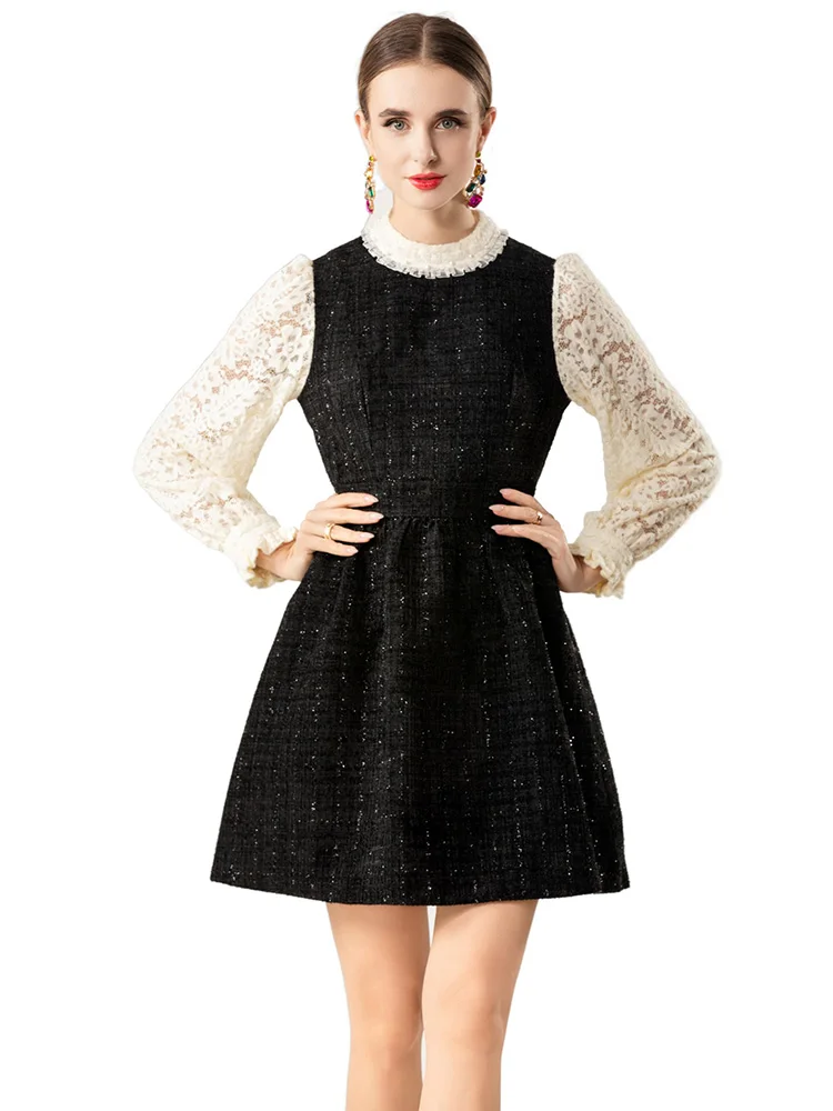 

JUNLINNA Autumn Winter Women Princess Dress O-Neck Beading Panelled Colours Sweet Vestidos Above Knee Waist Slashes