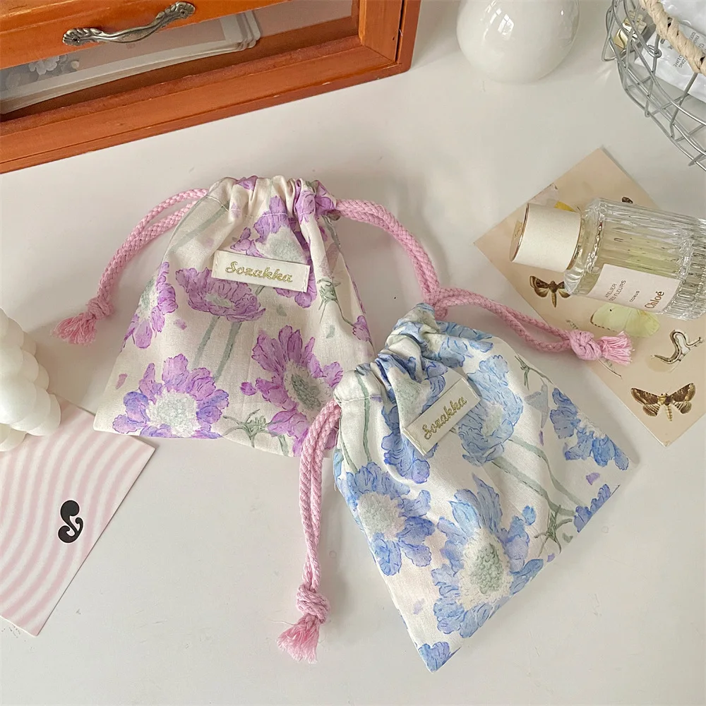 Cute Floral Small Thing Cosmetic Lipstick Portable Storage Bag Purse Key Earphone Jewelry Tote String Rope Pouch Drawstring Bags