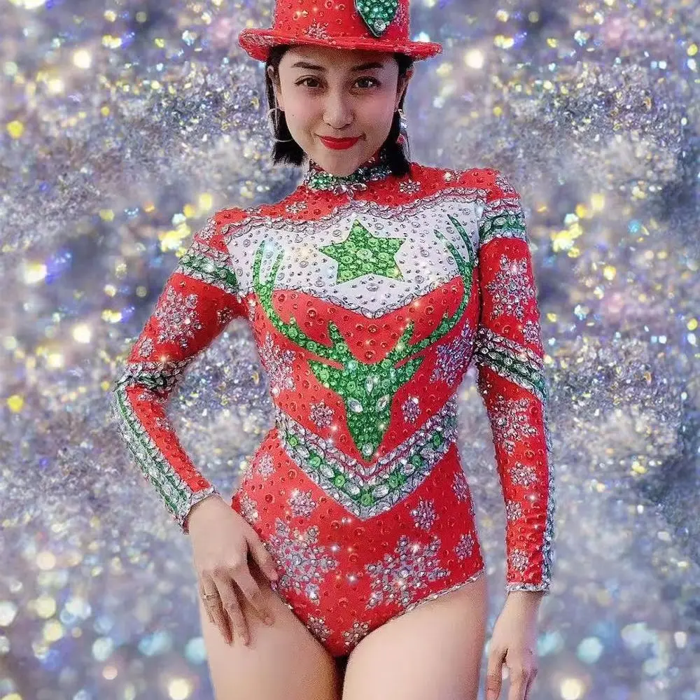 

Women New Silver Red Rhinestones Printing Bodysuit Christmas Bar Singer Sexy Outfit Stage Dance Birthday Prom Show Bodysuit