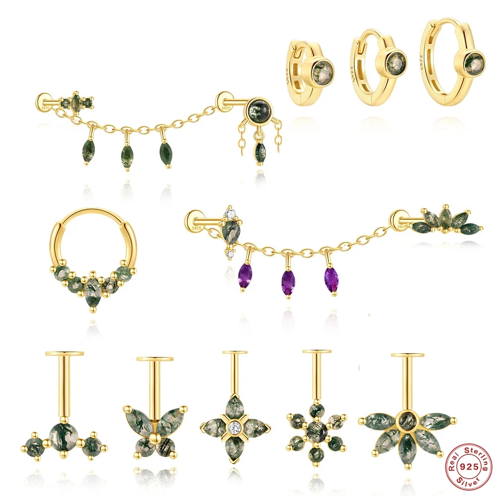 AIDE 1 STÜCK Ohrstecker Für Frauen 925 Sterling Silber Einfache Zierliche Knorpel Helix Natürlicher Achat Flache Rückseite Ohr Knochen Piercing