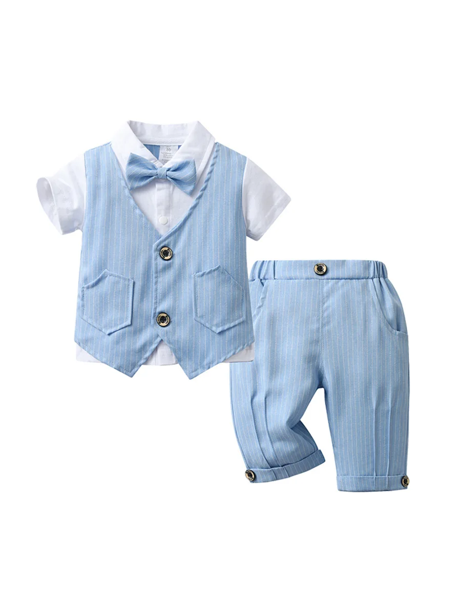 Children Kids Gentleman Clothing Suit Casual Boy's Sets Kid Casual Striped Short Sleeve Shirt+Shorts 2pcs Suits