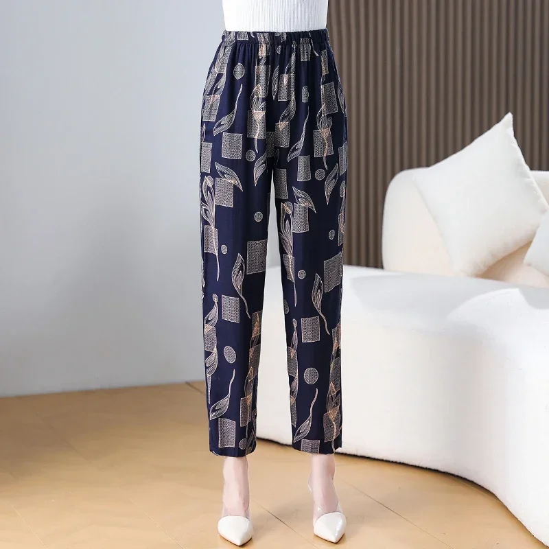 

2023 Summer Casual Pencil Pants Women Bottoms Vintage High Waist Pants with Print Elastic Waist Middle Aged Women Trousers