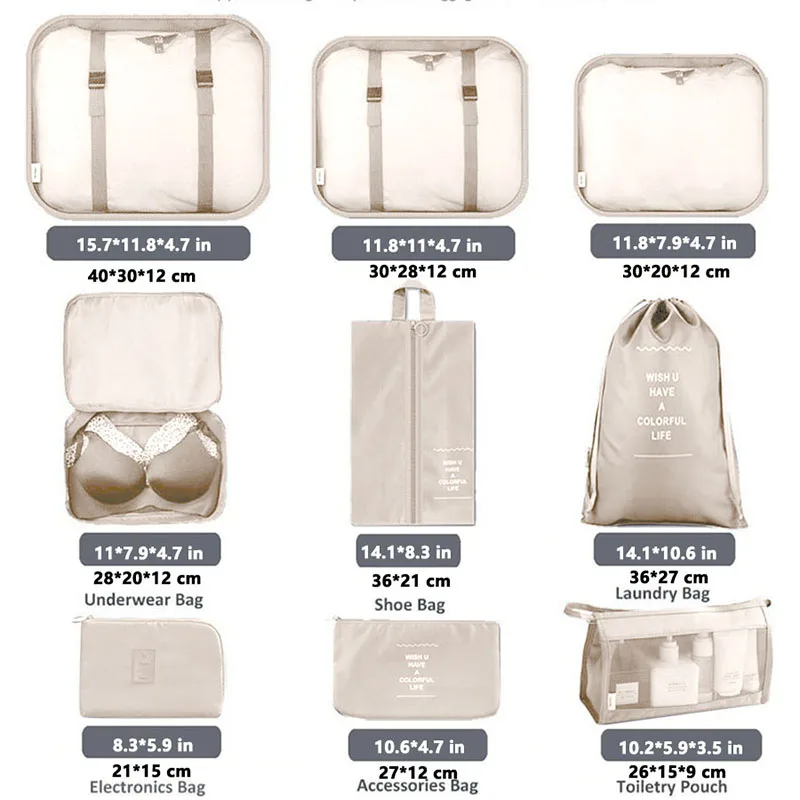 8/9PCS Set Packing Cubes For Travel Waterproof Clothes Underwear Shoes Toiletries Organizer Tidy Pouch Travel Storage Bag