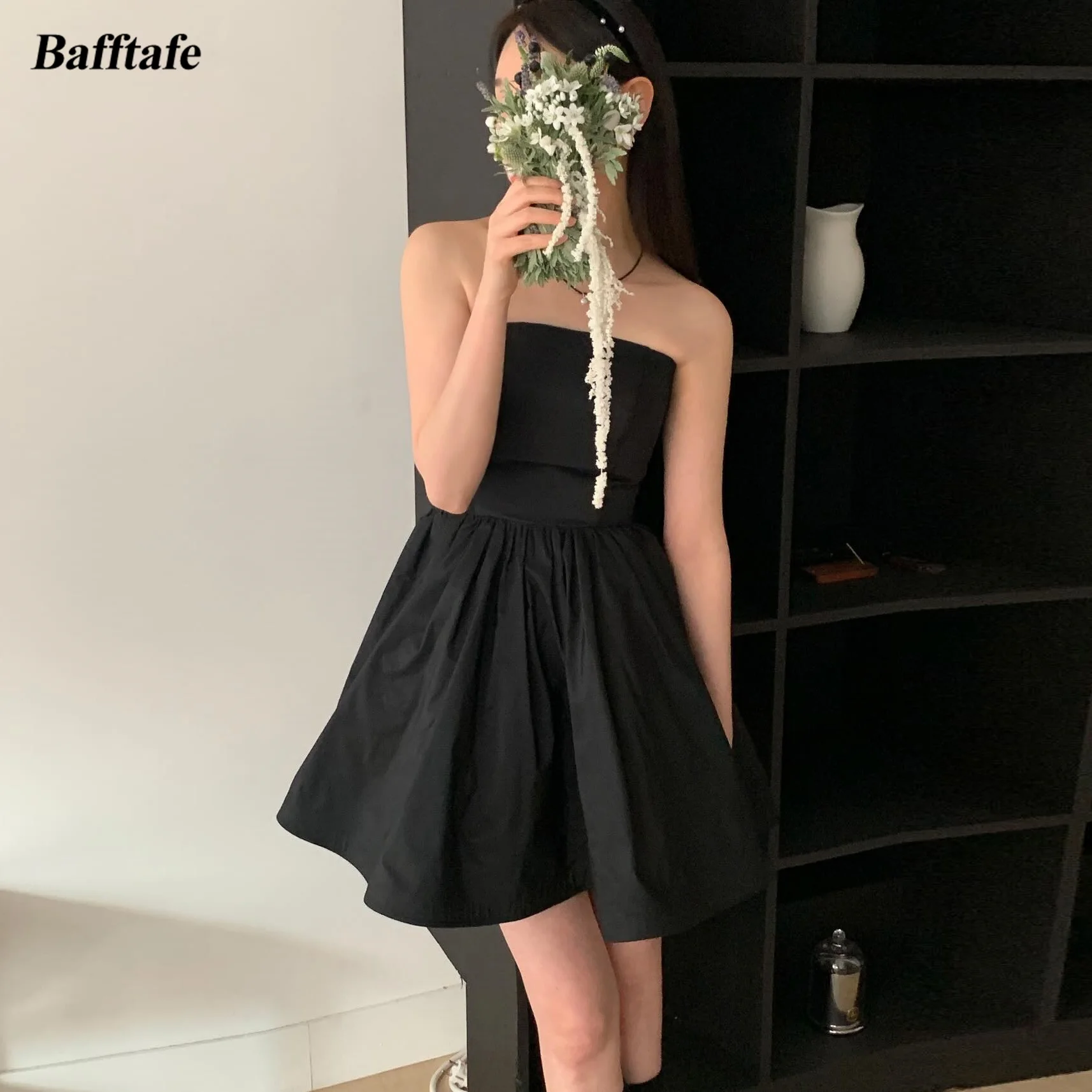 

Bafftafe A Line Black Taffeta Mini Prom Dresses Korea Lady Wedding Photo Gowns Women Formal Evening Party Wear 프롬드레스