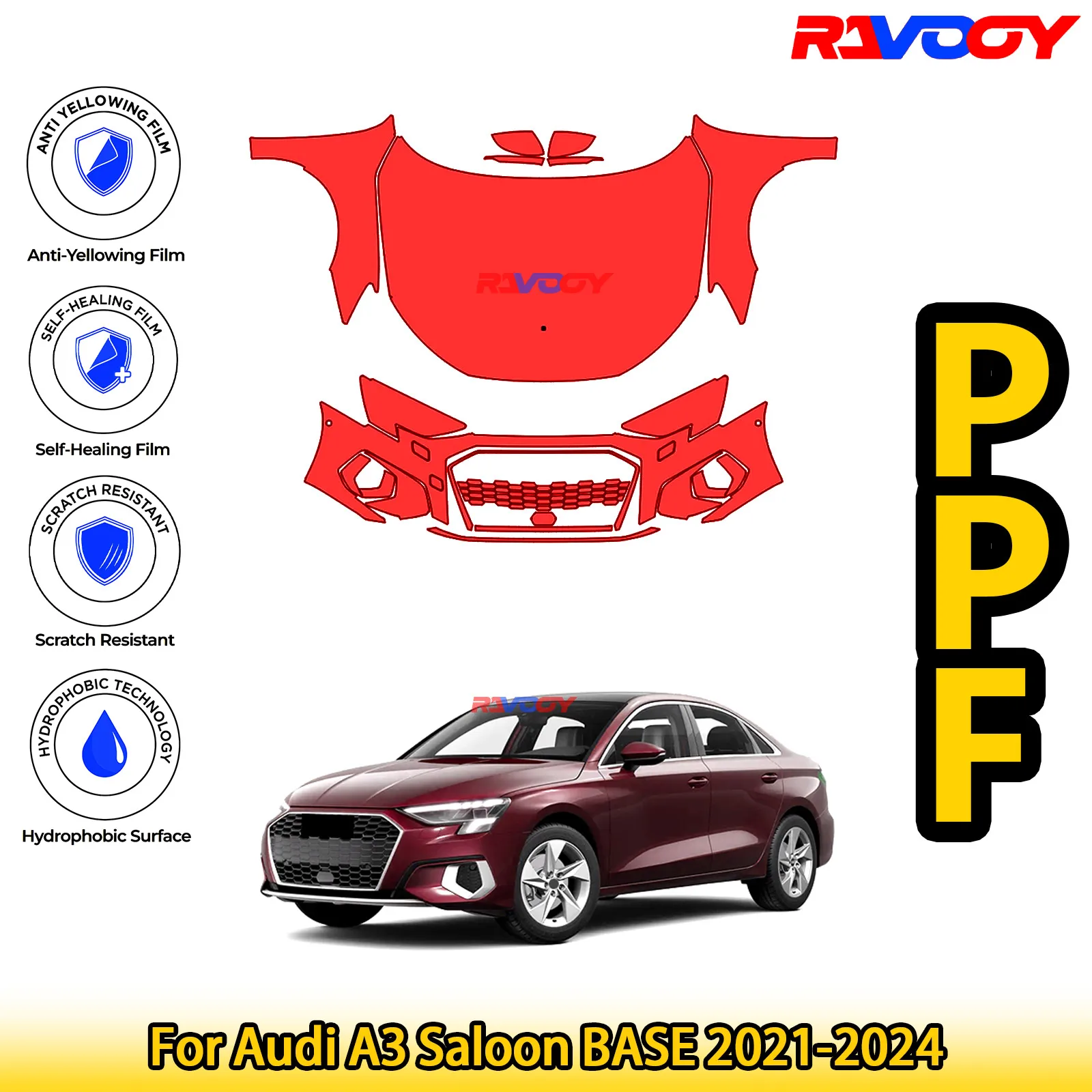 

For Audi A3 Saloon BASE 2021-2024 Glossy Matte Black Precut front PPF Kit Paint Protection Film