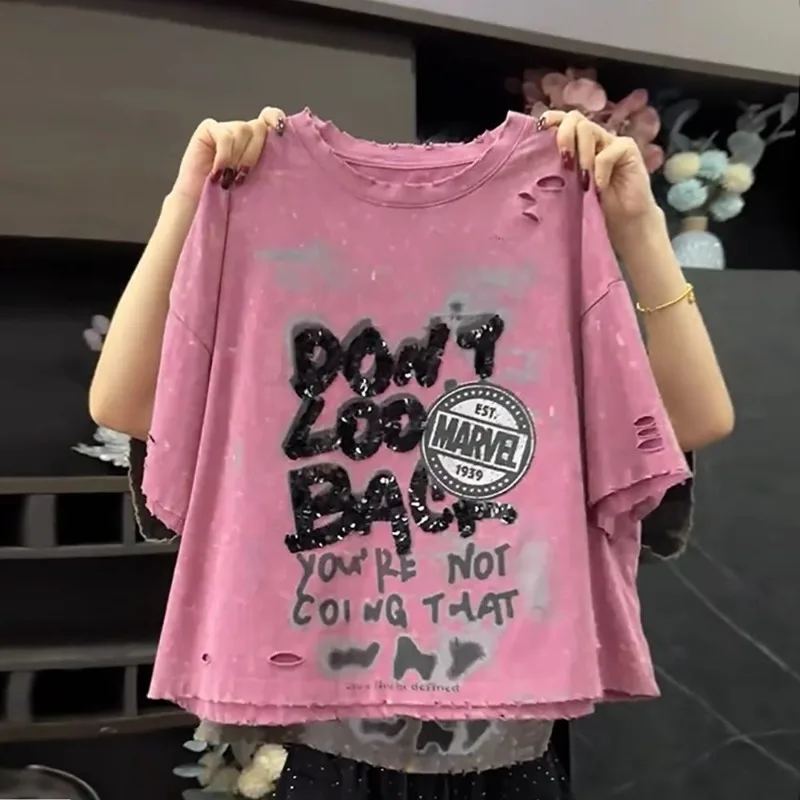 

Розовая футболка большого размера из чистого хлопка, летние потертые топы в стиле Харадзюку, футболка с короткими рукавами и пайетками, женская свободная женская одежда с круглым вырезом