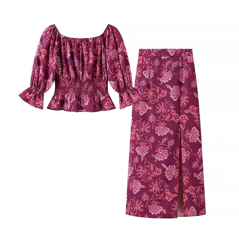 Women's Fashion Printed Off-Shoulder Rose Red Long Sleeve Shirt Printed Floral Top And High Slit Skirt Elegant Party Outfit JW22 view 3