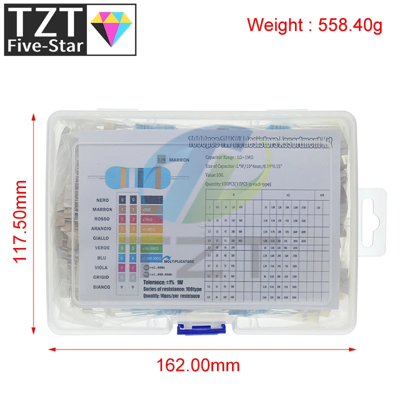 Imagem -02 - Assorted Metal Film Resistor Kit 1w 100 Valores Cada 10 Pcs Ohm1m Ohm Faixa Capacitor Hot Sale 1000 Pcs