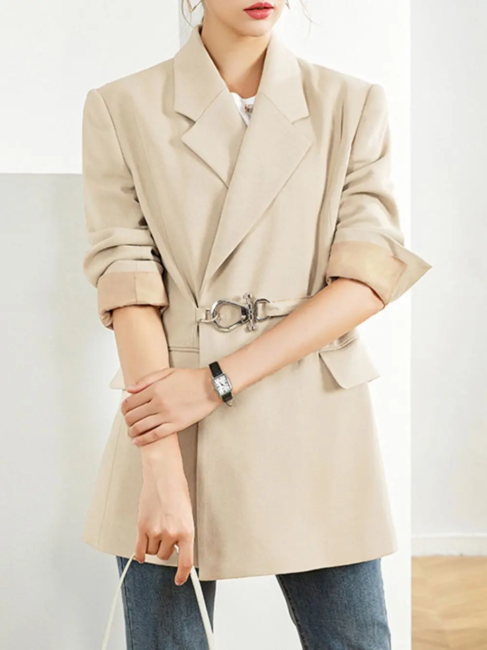 New Design Metal Buckle Belt Blazer For Women Notched Long  Sleeve High Street Coats Female Fashion Casual 2023  Spring Clothing