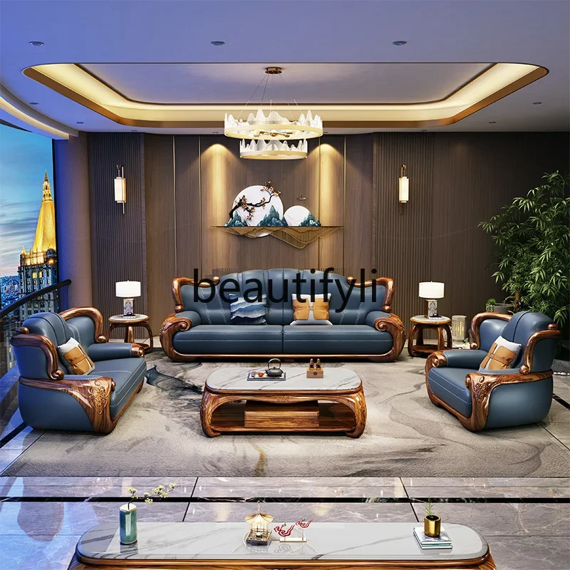 New Chinese-style villa ebony sofa simple Nordic living room luxury solid wood first-layer cowhide sofa combination