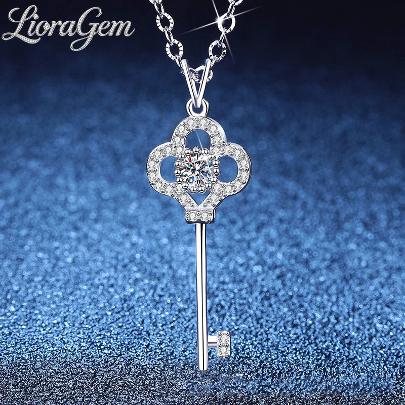 LioraGem Platinum PT950 Lucky Key Moissanite Necklace, Full Diamond Twilight Key Temperament Clavicle Chain