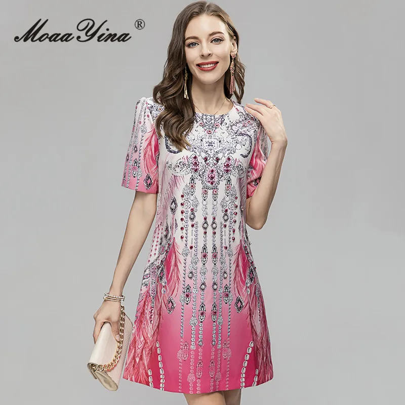 

MoaaYina Summer Fashion Designer Luxury Party Dress Women's O-Neck Short Sleeve Nail Bead Diamonds Print High Waist Mini Dress