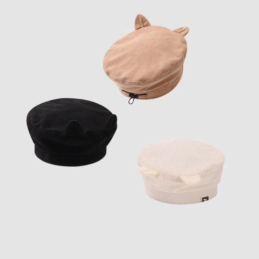 

Kawaii Cute Baby Corduroy Beret Flat Top Boy Girl Cat Ear Beret Korean Sweet Duck Tongue Cap 2-6 Years