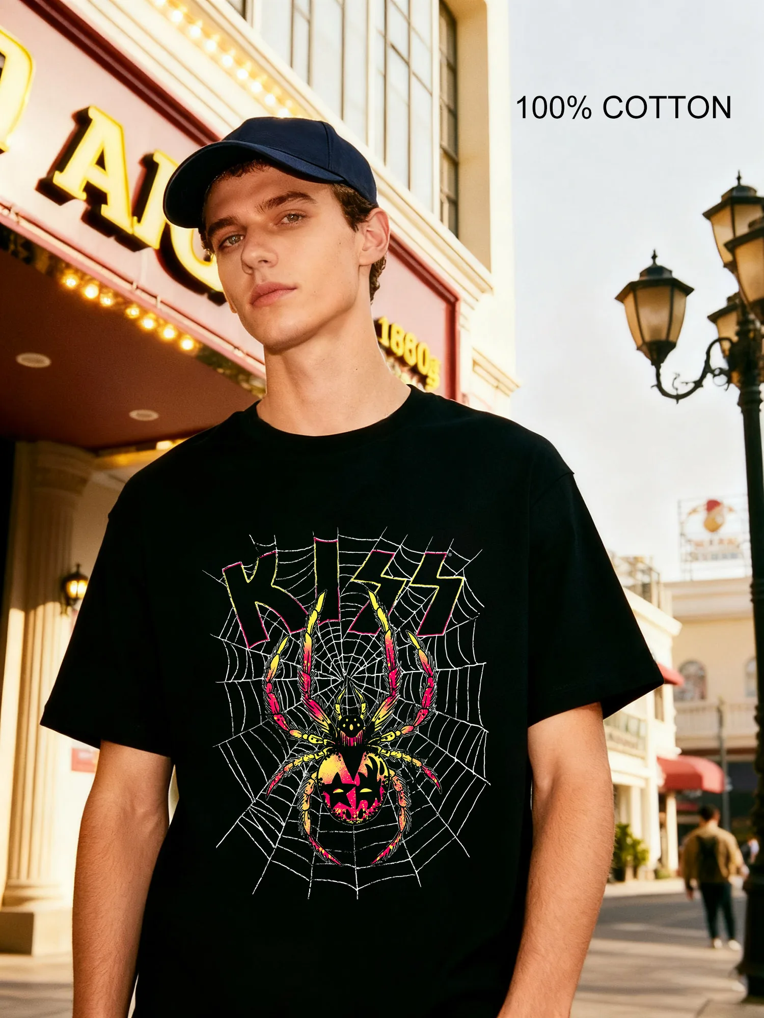 Kiss Spider Web Men's T-Shirts Casual Design Crew Neck T-Shirt 180g Street 100% Cotton