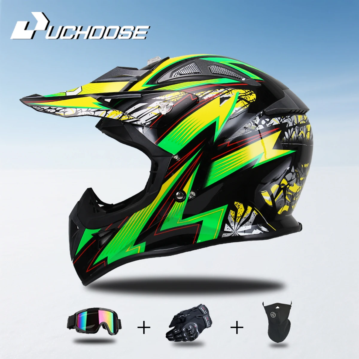 Uchoose High Quality Motorcycle Off Road Racing Helmet ATV Forest DH Mountain Bike Full Helmet DOT Approved Three-Piece Gift Set