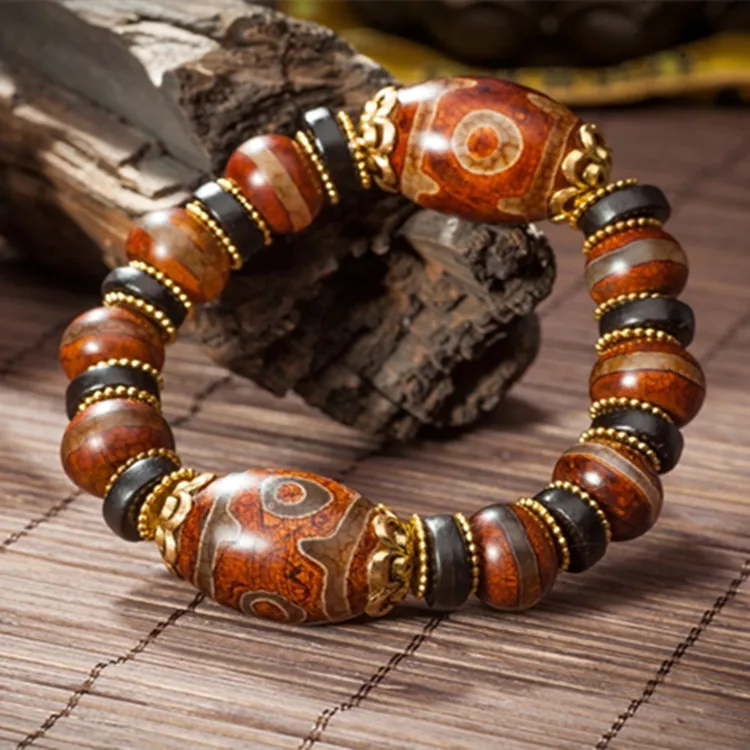 Natural Agate Three-eyed Bead Bracelets for Men and Women Ethnic Retro Bracelet Jewelry