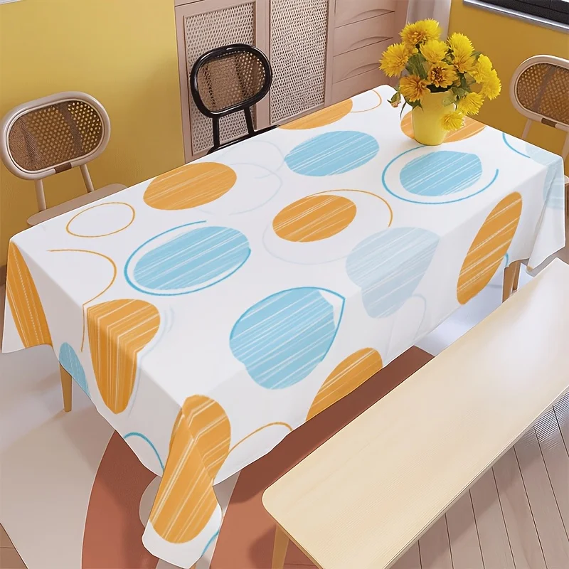 Color Oval Tablecloth, White Base With Orange Light Blue Oval Print, Rectangular Table Cover for Bright Home Table Party Decor