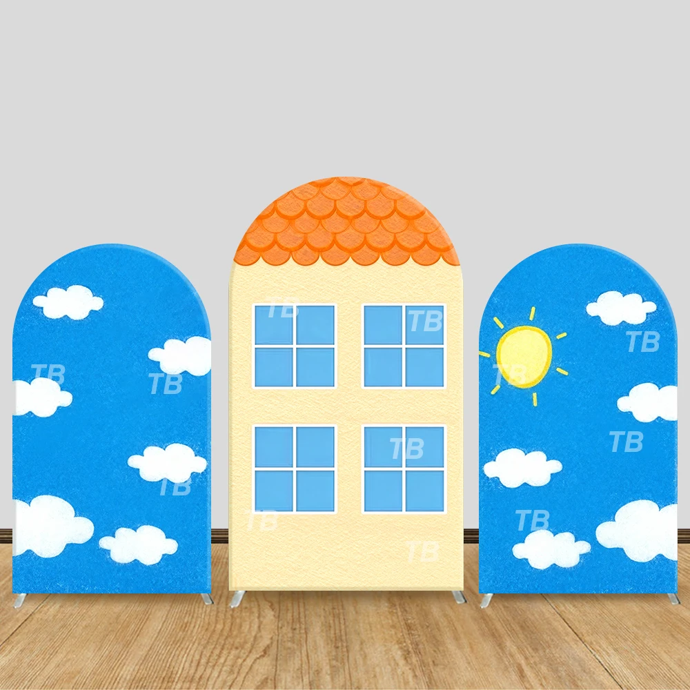 

Cartoon House Sunny Sky Style Arch Backdrop Cover Cute Cheerful Scene For Kids Birthday Baby Shower Photo Booth Decor Background