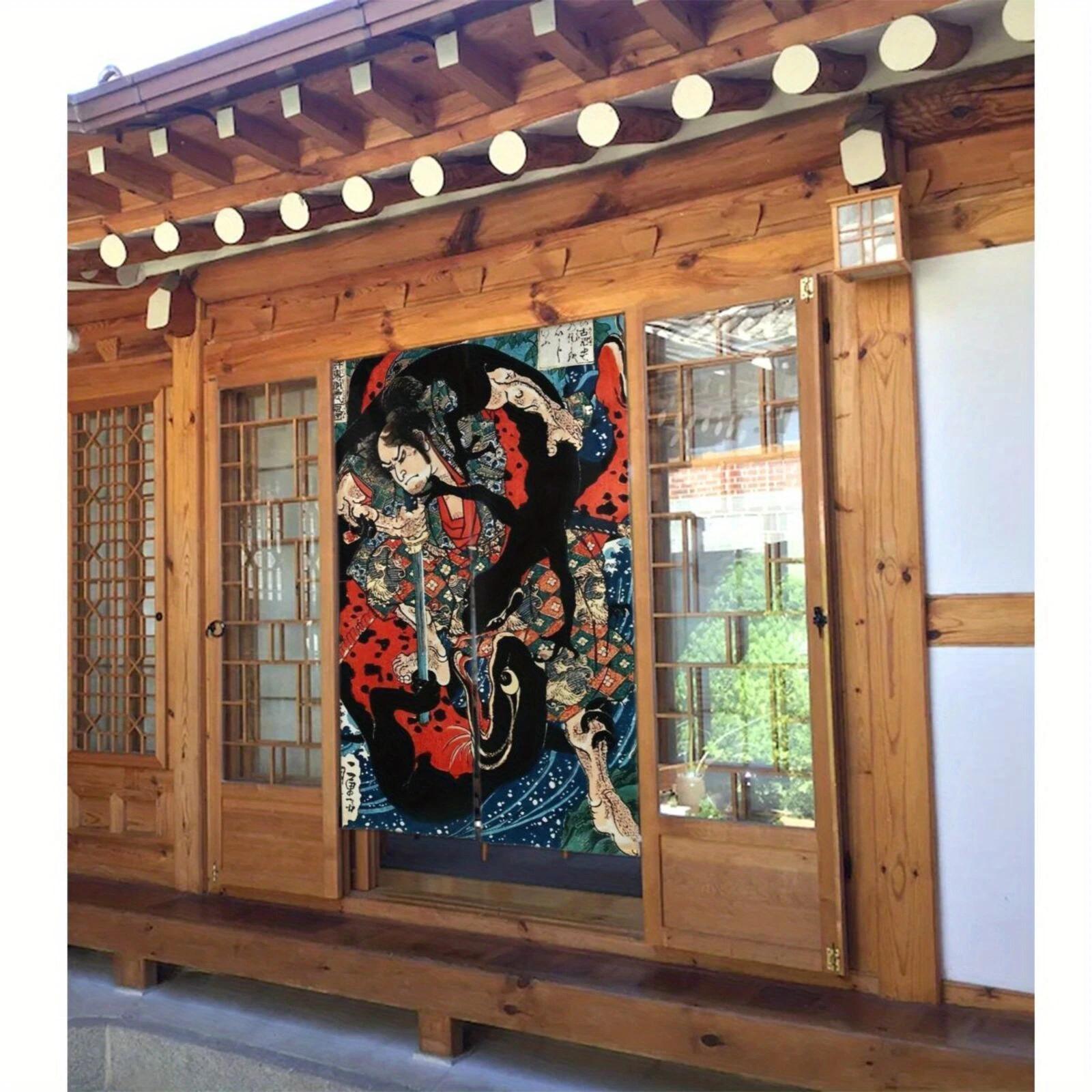 VIKAMA Samurai Monster Half-Door Curtain, Vintage Traditional Art Room Divider, Kitchen Dust-Proof Privacy Home Decor Curtain