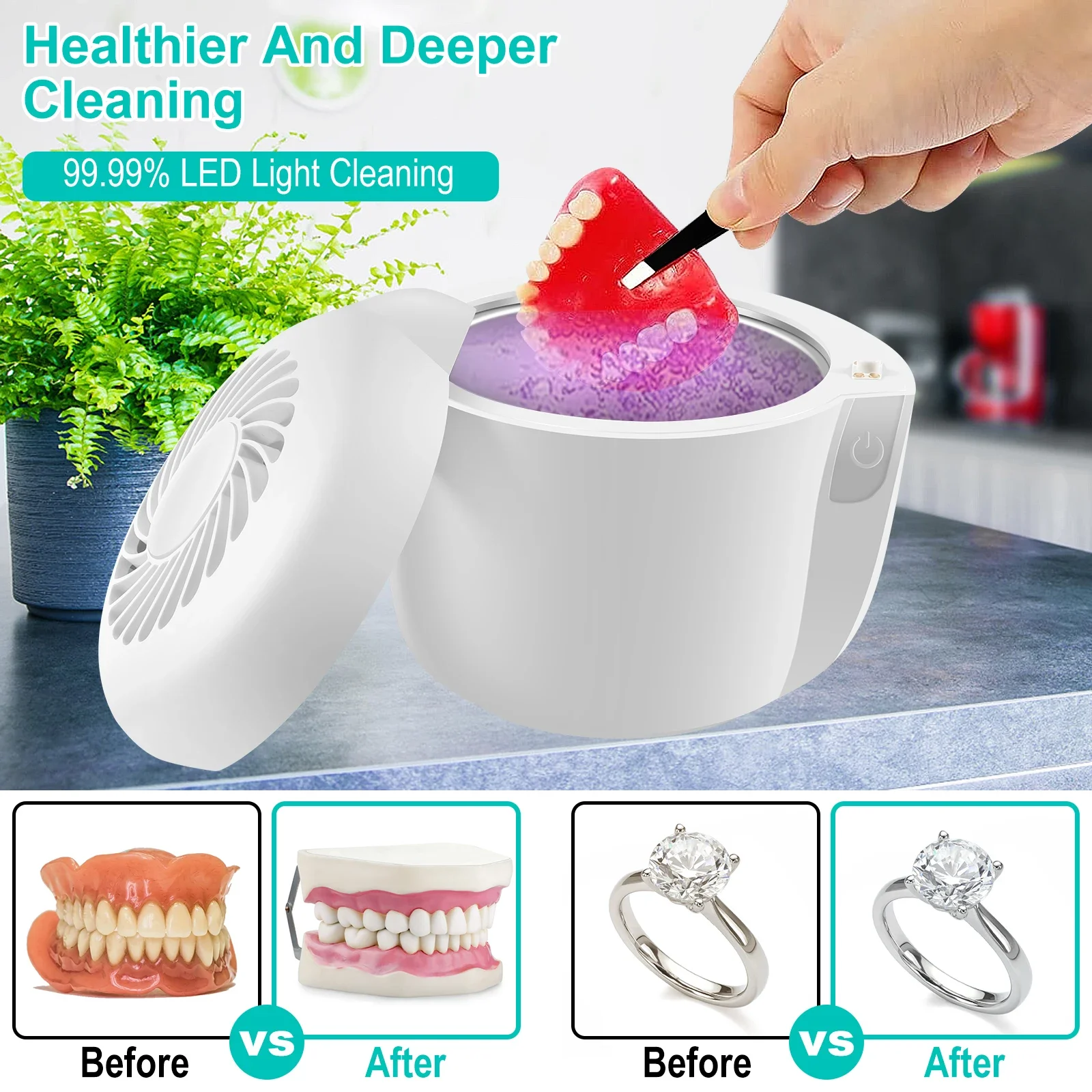 Ultrasonic Retainer Cleaner 45-50KHZ UV Ultrasonic Jewelry Cleaner with LED Light 150ml Denture Cleaning Machine with 2 Reserved