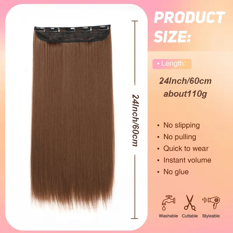 24Inch Long Straight Synthetic Clip-in Hair Extensions Quick Wear Hairpiece for Women Daily Party  Add Hair Volume Length