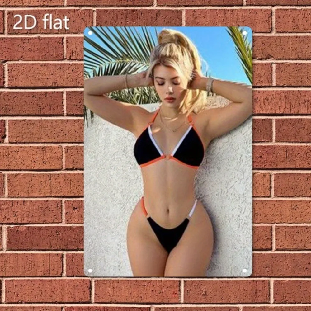 Vintage tropisches Strand-Metall-Wandbild, 2D flaches Metallschild mit Bikini-Grafik, wasserdichte Heimbar-Dekoration für Weihnachtsgeschenke