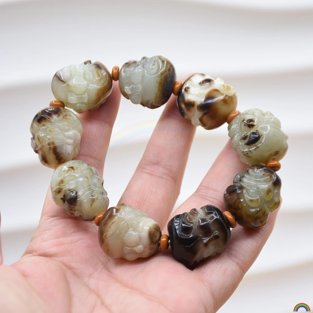 Natural Hotan Jade 18 Arhat Hand String Seed Raw Stone Black Leather Double sided Carving Handheld Rwbuy Brand Design