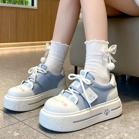 Teen Student JK Uniform Canvas Shoes Women Lovely Kitty Face Paw Print Sneakers Woman Platform Lace Up Black Cat Lolita Trainers