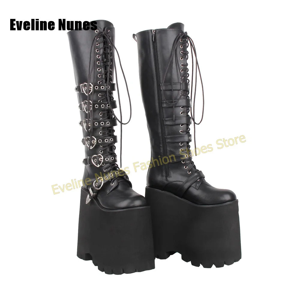 Y2K Gothic Lolita Tall Platform Boots Black Matte Heart Shaped Metal Buckle Chunky Sole Punk Street Style Party Fashion Shoes view 2