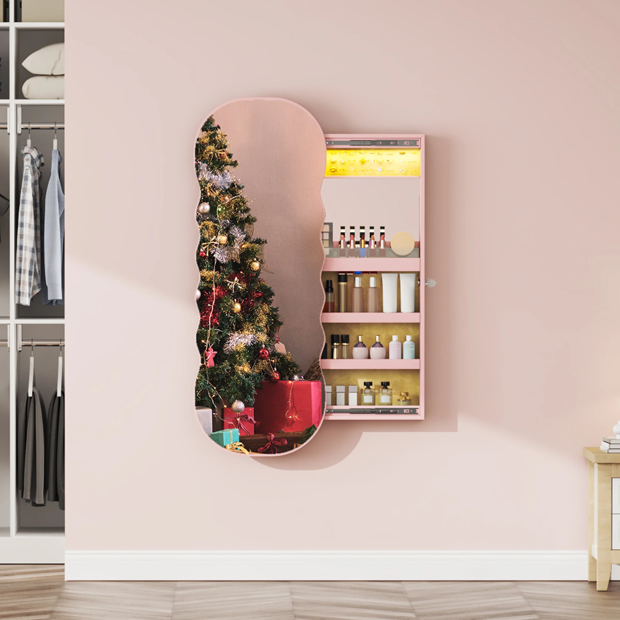

JDPAG Jewelry Armoires with LED Lights, Hanging Jewelry Storage Cabinet Lockable Wavy Mirror Jewelry Organizer, Lockable