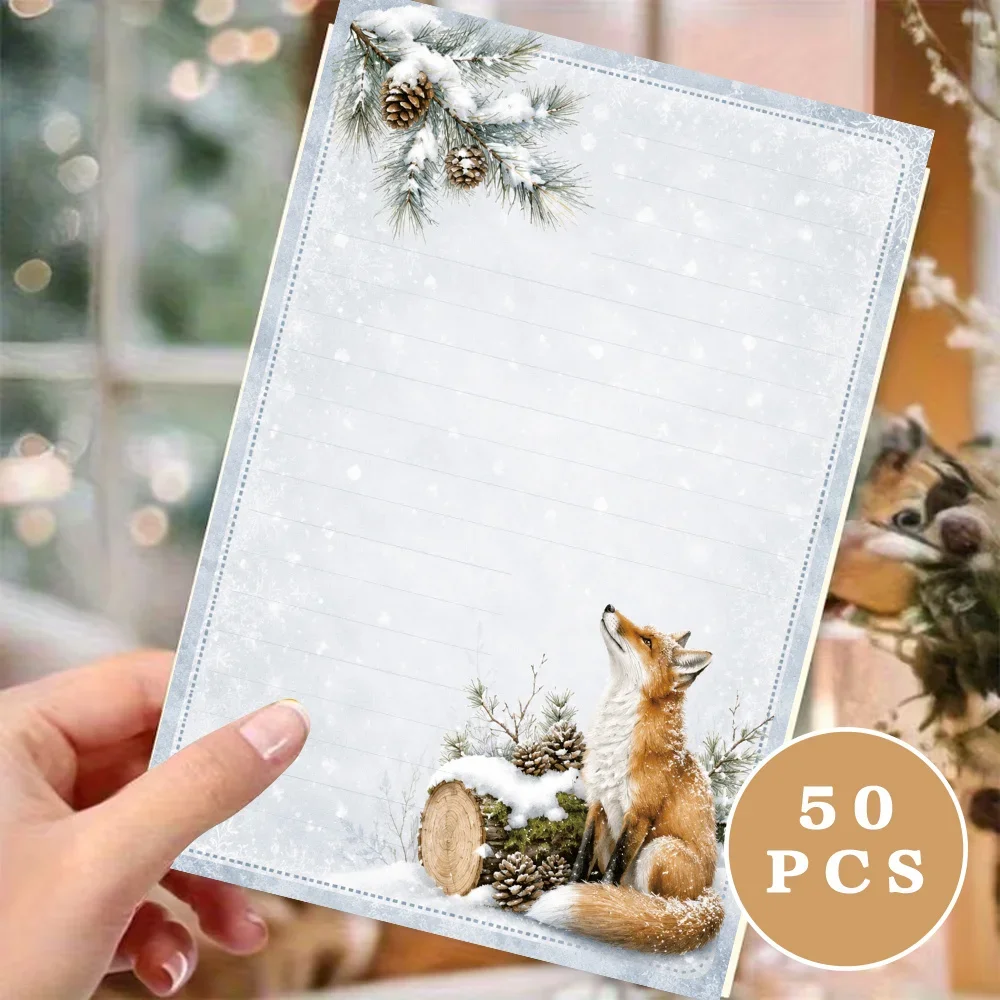 50 Sheets,  Christmas Winter Snow Scene Fox Themed Writing Paper, Lined, GlueFree, Perfect for Notebooks, Memos, and Stickers
