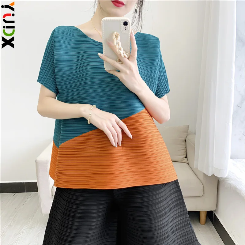 

YUDX Miyake Pleated Tops Loose Plus Size T-shirt Fashion Casual Pleated Clothes Color Blocking Irregular 2024 Summer New