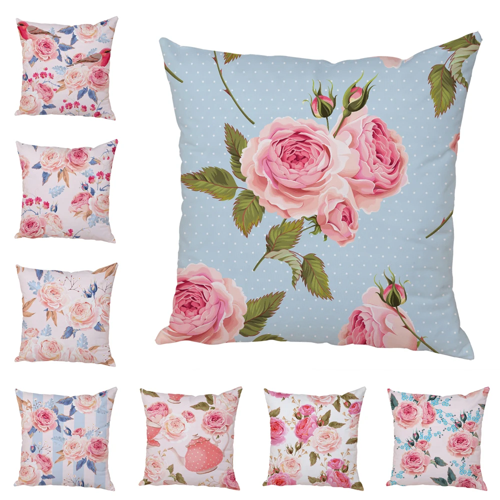 

Nordic Style Rose Flower and Birds Pillow Case Cushion Cover for Car Peach Skin Decor Flower Plant Animal Throw Pillowcase