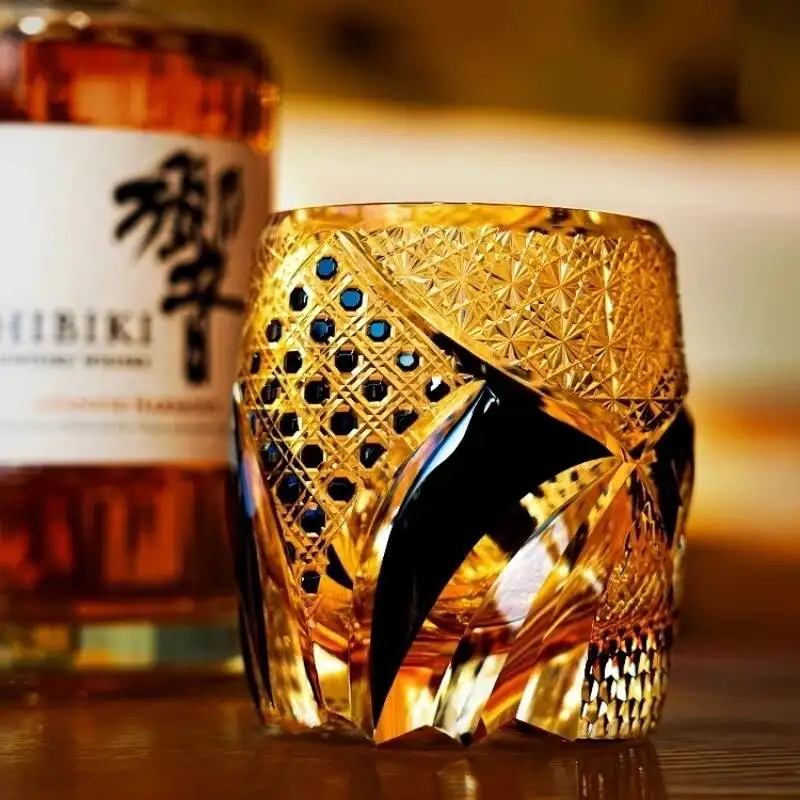 Vaso de Whisky Estilo Antiguo Edo Kiriko con Diseño de Armadura de Guerrero Japonés, Cristal Ámbar Tallado a Mano, Copa para Brandy, Vino, el Mejor Regalo