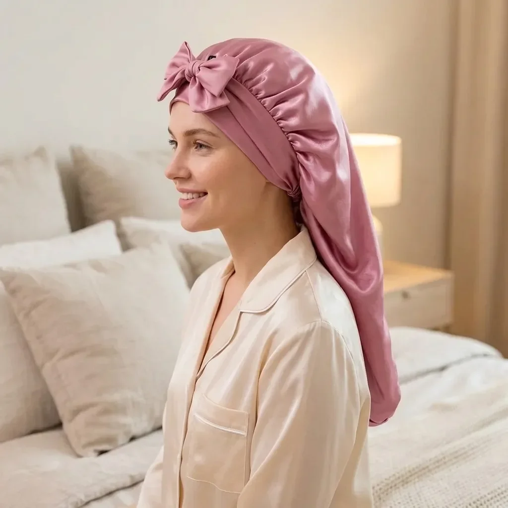 Extra Long Large Capacity Satin Hair Bonnet With Front Bow Adjustable Wide Elastic Sleep Night Cap Anti-Frizz Hair Protector For Long Curly Hair Braids Dreadlocks Hair Extensions Women Hair Care Accessory