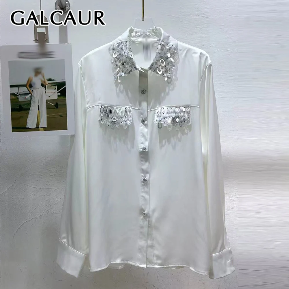 GALCAUR Effen Gesplitst Pailletten Chic Shirt Vrouwelijke Revers Lange Mouw Los Ontwerp Minimaist Dames Shirts Herfst Mode Stijl Nieuw
