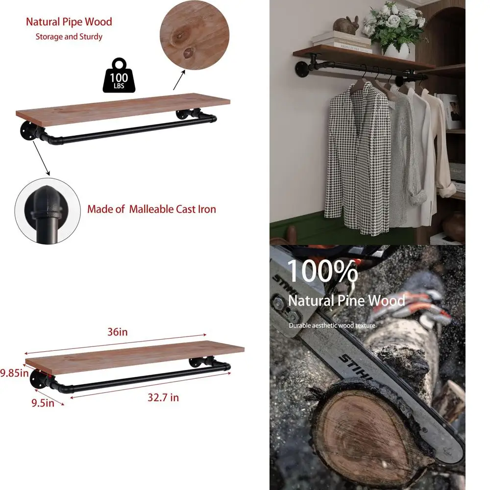 

36 Wall-Mounted Wooden Shelf Garment Rack - Heavy-Duty Hanging Storage for Space-Efficient Closets